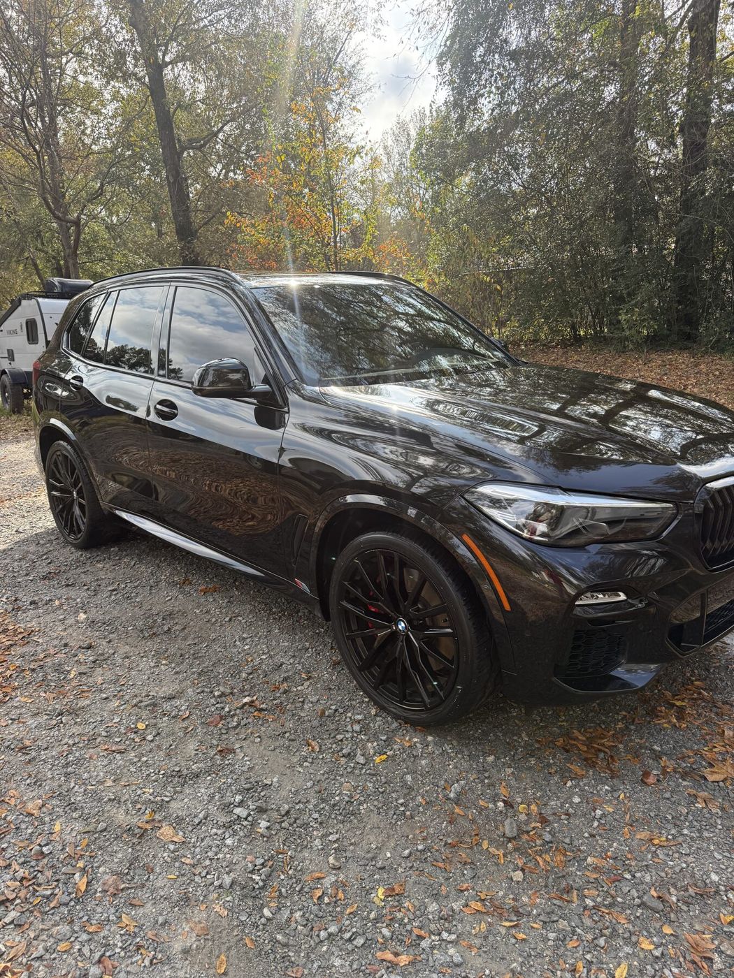 Black BMW X5 after a full detail, paint reflecting the trees overhead